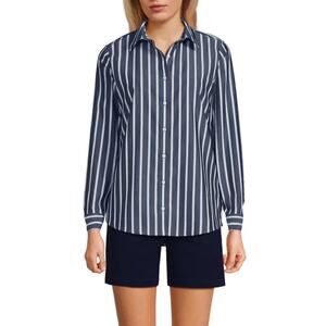 Lands End wrinkle free no iron long sleeve blue white 100% cotton nautical 2
